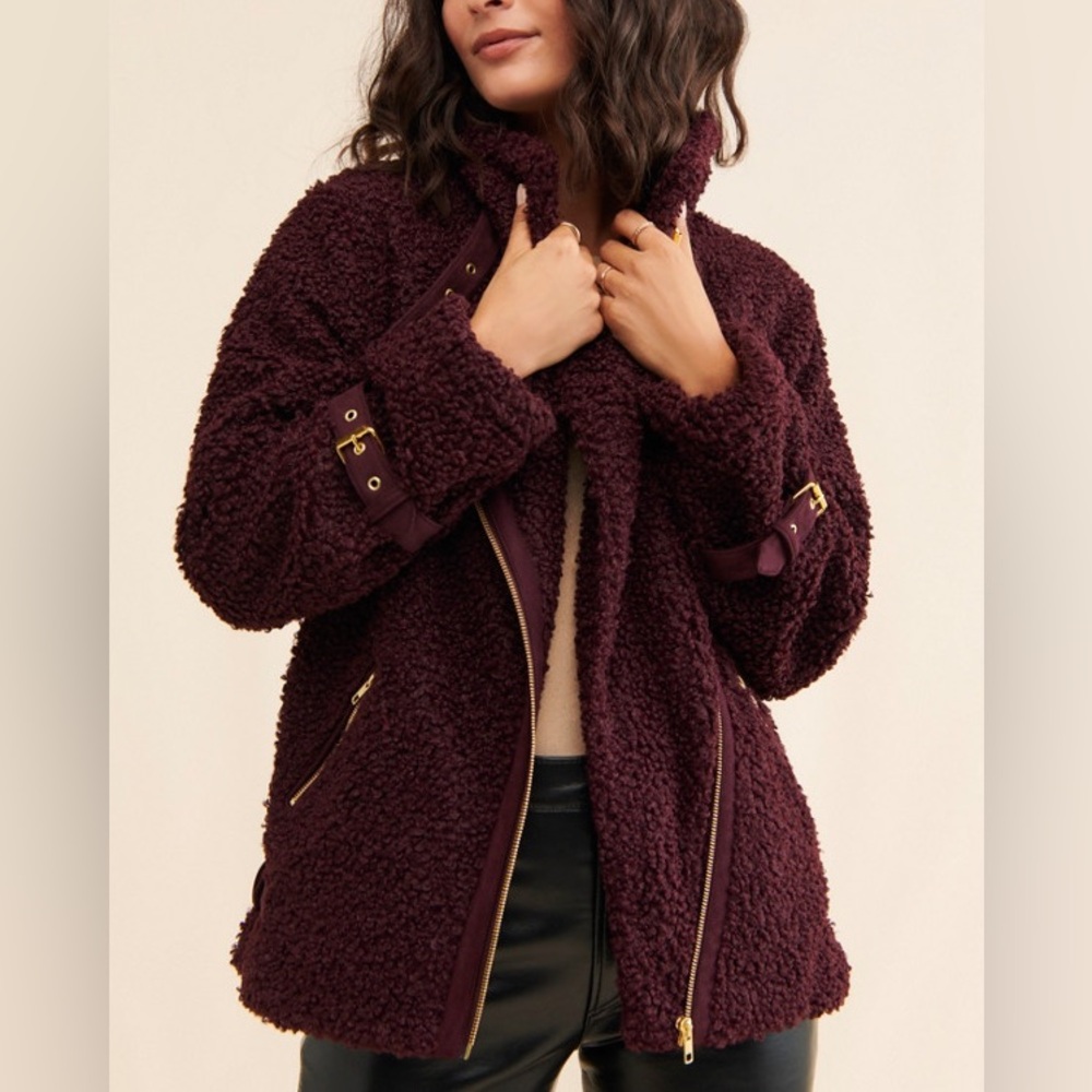 Anthropologie Hutch Sherpa Buckle Moto Jacket in Burgundy, size SP